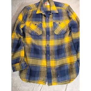 RuffHewn Mens Plaid Flannel Shirt Medium YellowNavy Blue Long Sleeve Button Down